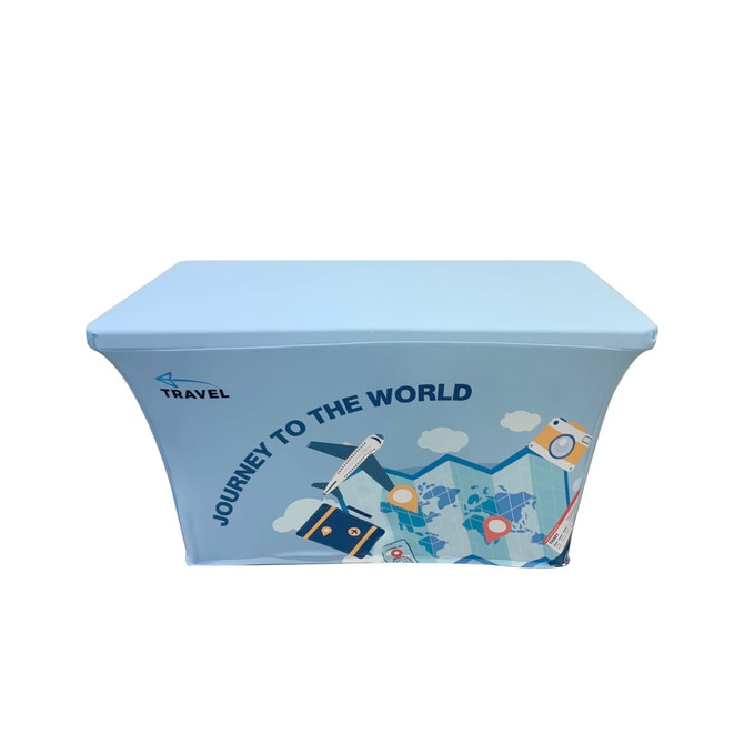 A blue stretch table cover with a zipper, featuring travel-themed graphics and a logo.