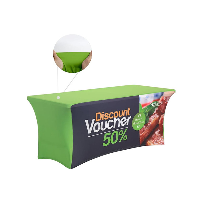 A green stretch table cover with a zipper, featuring a promotional design and a logo.
