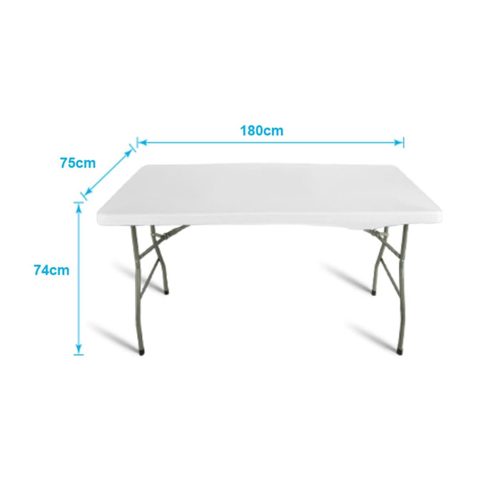 A white 6ft folding table with measurements of 180cm x 75cm x 74cm and silver folding legs. Features a logo.