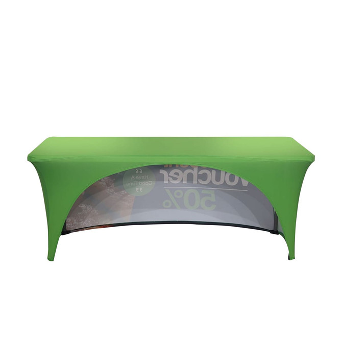 An 8ft stretch table cover in bright green with an open back design and a logo on the underside.