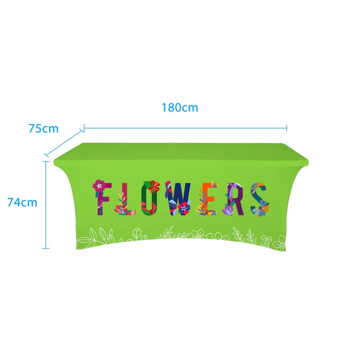 A green stretch table cover with an open back, featuring colourful floral lettering and a logo. Dimensions include 180cm x 75cm.
