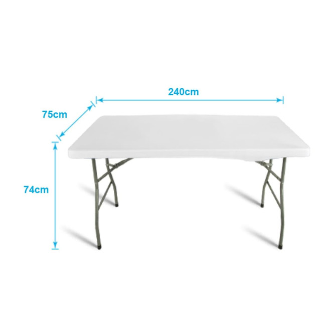 A white rectangular table with dimensions 240cm x 75cm and folding metal legs. It features a logo on one side.