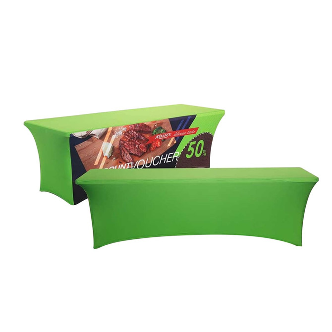 A green stretch table cover for a 4ft table, featuring a logo and promotional graphics.