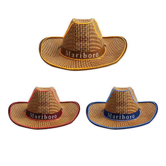 Three straw hats in yellow, red, and blue, featuring a woven pattern and a logo band.