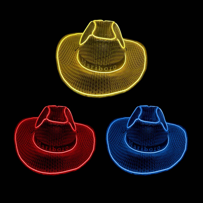 Light up straw hats in yellow, red, and blue, featuring a woven design and a logo.
