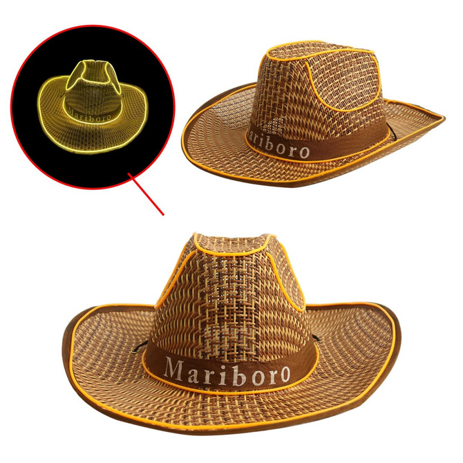 A light-up straw hat featuring a brown woven design with yellow trim and an attached logo.