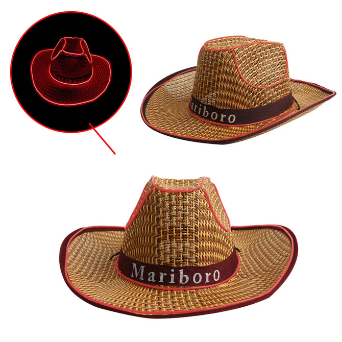 A light-up straw hat with a woven design, featuring a red LED trim and a dark brown band with branding.