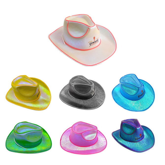A variety of light-up cowboy hats in bright colours including yellow, pink, blue, and black, featuring a logo.