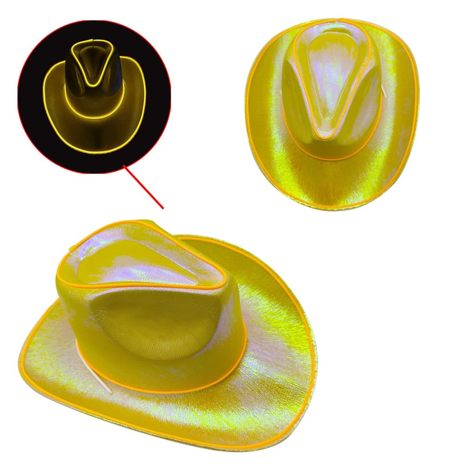 A yellow light-up cowboy hat with a shiny finish, featuring a prominent brim and a sleek design.