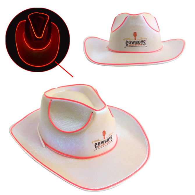 Light-up cowboy hats in white with neon pink trim, featuring a logo on the front. One hat has illumination effects.