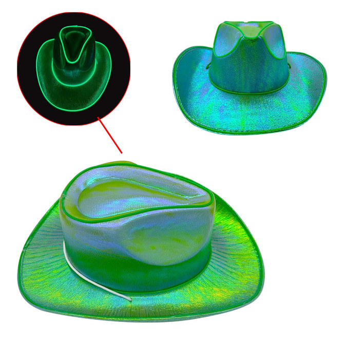 A green light-up cowboy hat with a shiny finish, featuring a unique design and a branding logo.