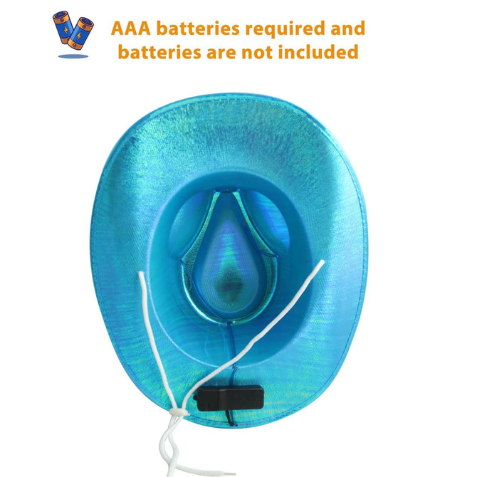 A blue light-up cowboy hat with a shiny finish and an interior battery compartment.