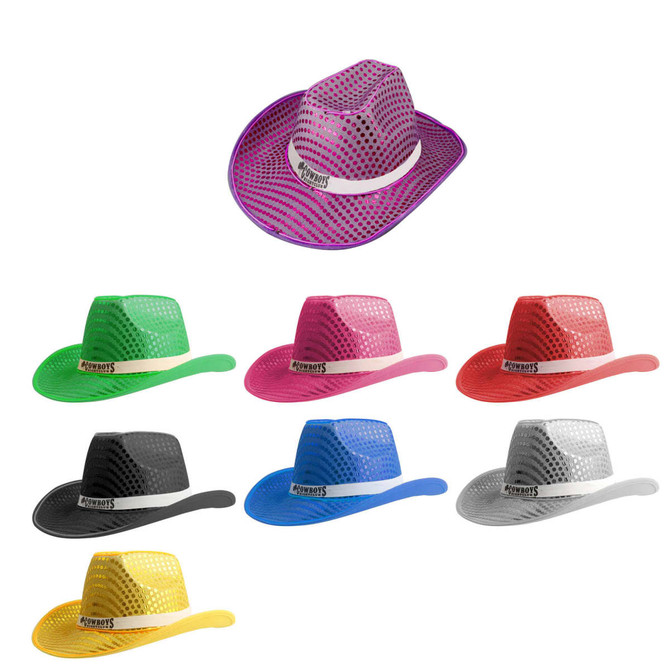 Light up sequin cowboy hats in purple, green, pink, black, blue, silver, and yellow, each featuring a logo.