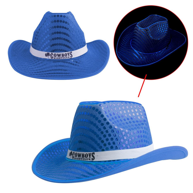 A blue sequin cowboy hat with a light-up feature and a white band, displayed from two angles.