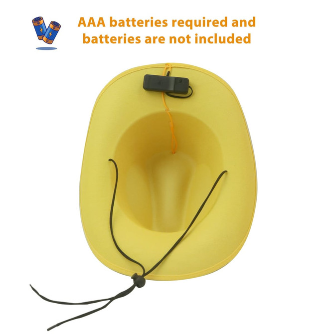 A yellow cowboy hat with sequins and a battery compartment, featuring a string for securing it.