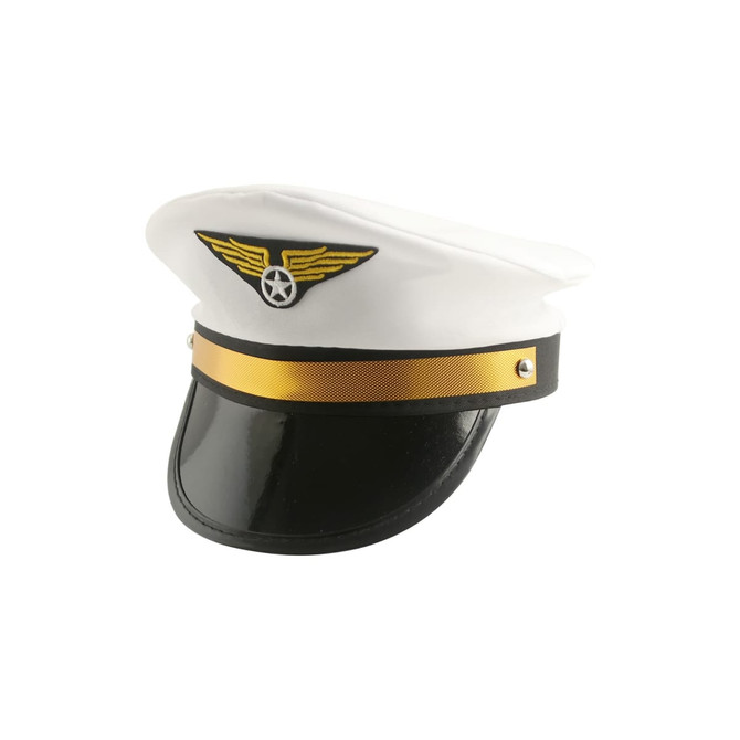 A pilot-themed cap in white and black with a gold stripe and an emblem on the front.