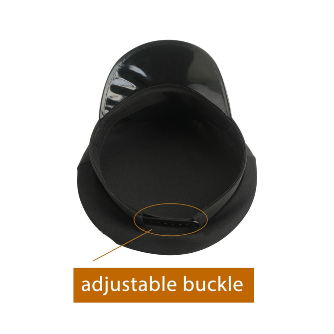 A black cap featuring a glossy finish and an adjustable buckle on the inside. It has a simple design.
