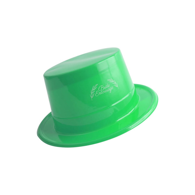 A green PVC top hat with a glossy finish and a logo on the front.