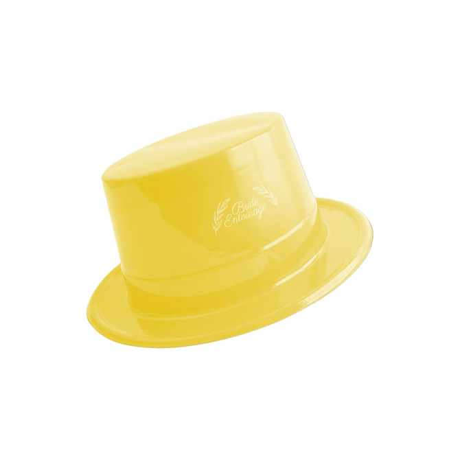 A shiny yellow PVC top hat with a smooth finish, featuring a small logo on the front.