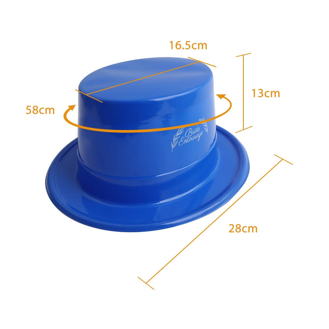A blue PVC top hat with measurements indicated. The hat features a glossy finish and has a logo.