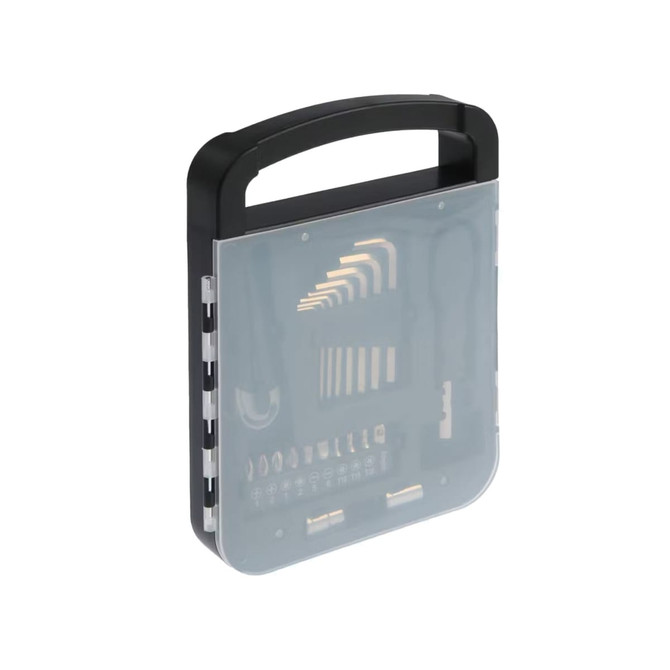 A black and clear tool kit featuring various tools, including bits and Allen keys, in a compact case.