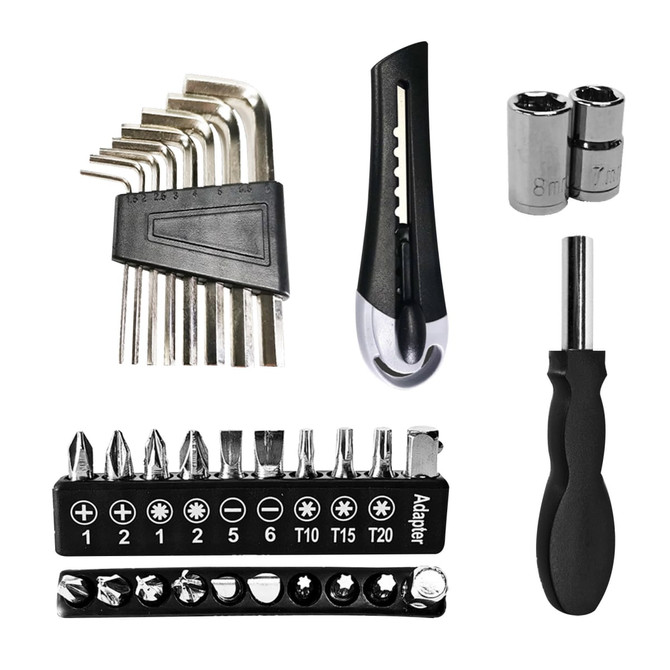 A set of silver and black tools including hex keys, a utility knife, sockets, a screwdriver, and various bits.