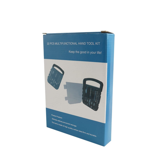 A blue box containing a 22-in-1 multifunctional hand tool set, with various tools visibly arranged inside.