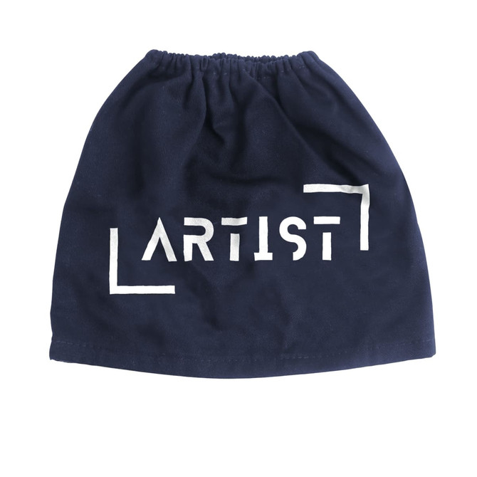 A navy blue boot cover with a gathered top and a logo featuring the word "ARTIST" in white lettering.