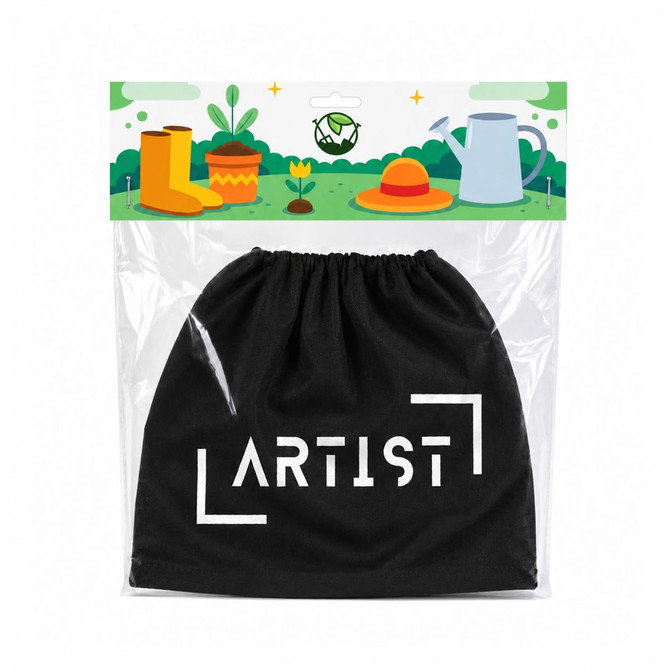 A black drawstring bag with a white logo on it, featuring a colourful garden-themed background.