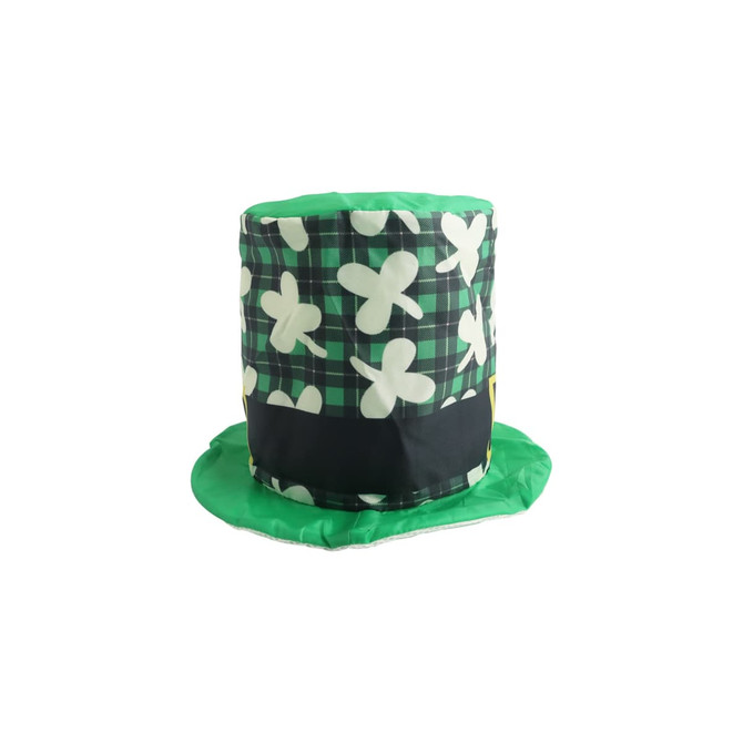 A green and black plaid top hat with white floral patterns and a wide brim.