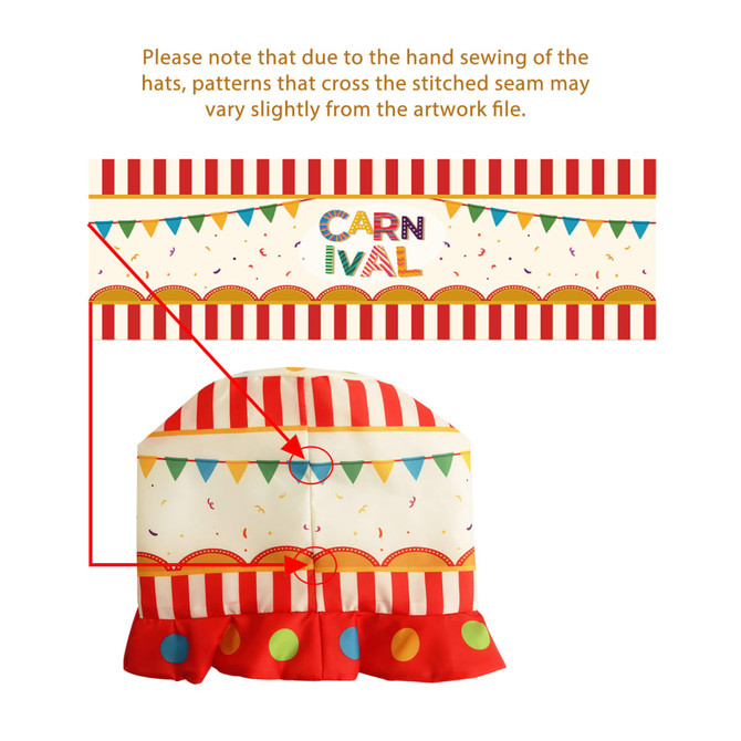 A custom digital printed top hat featuring festive stripes and colourful polka dots with a playful design.