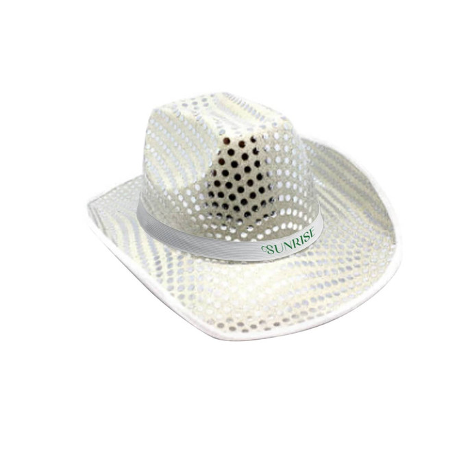 A white sequin cowboy hat with intricate designs and a decorative band, featuring a logo.