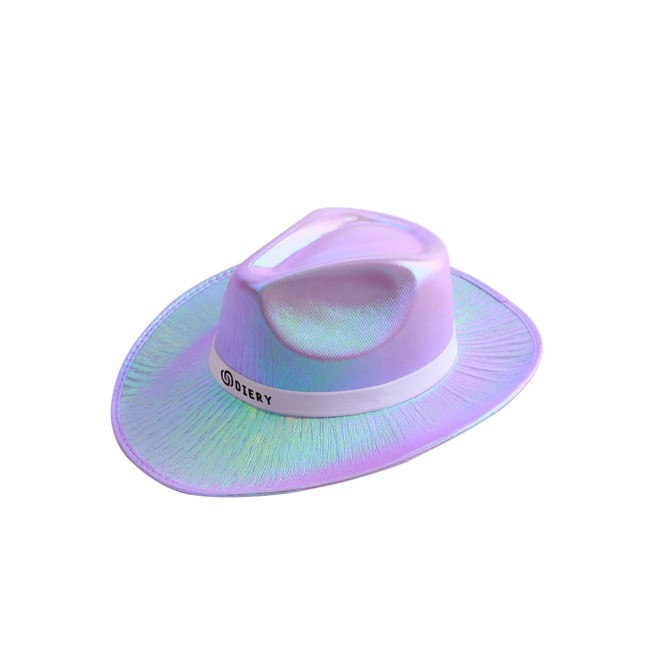 An iridescent cowboy hat in shades of pink and purple, featuring a white band and a logo.