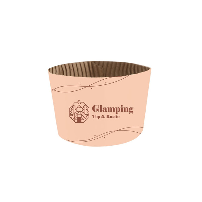A paper cup sleeve in peach, featuring a ribbed design and a logo with rustic graphics.