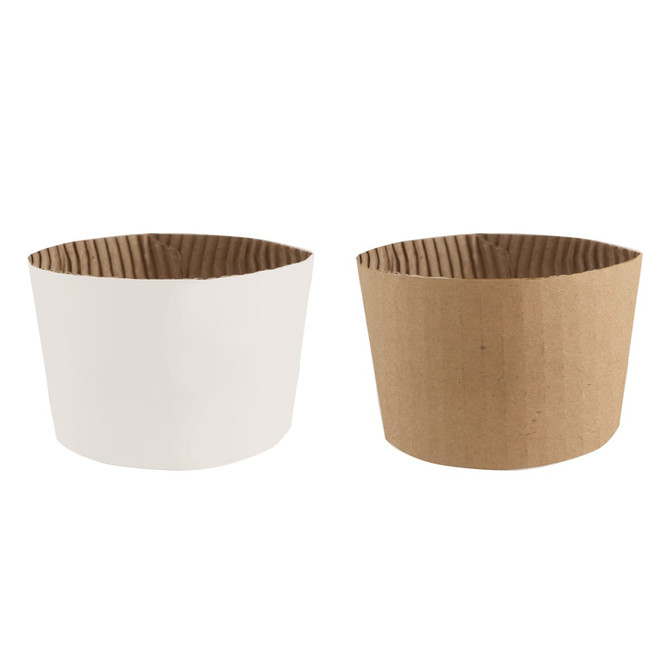 Two paper cup sleeves in white and brown, featuring a textured ribbed design. Each sleeve has a unique shape.