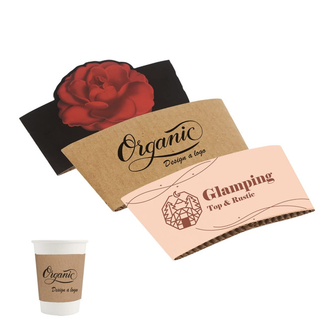 A drink cup sleeve set featuring a black floral design, a brown kraft style, and a peach with illustrations.