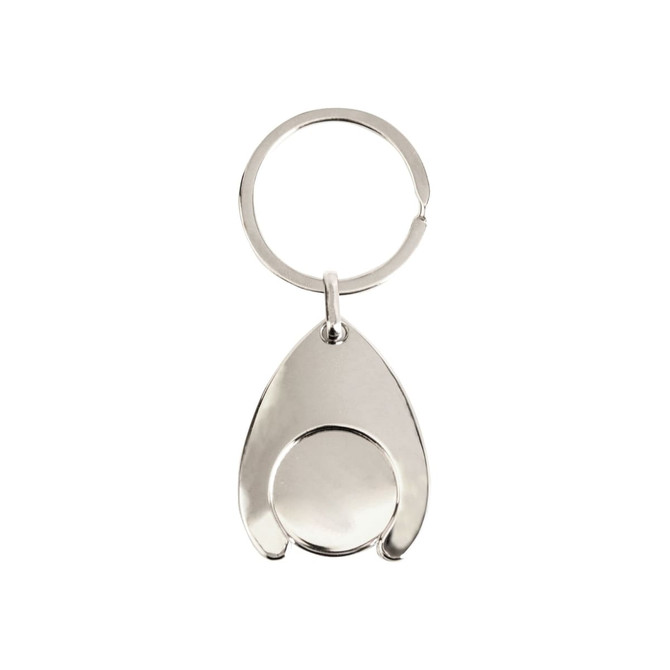 A silver teardrop-shaped trolley coin keyring featuring a round coin element and a keyring attachment.