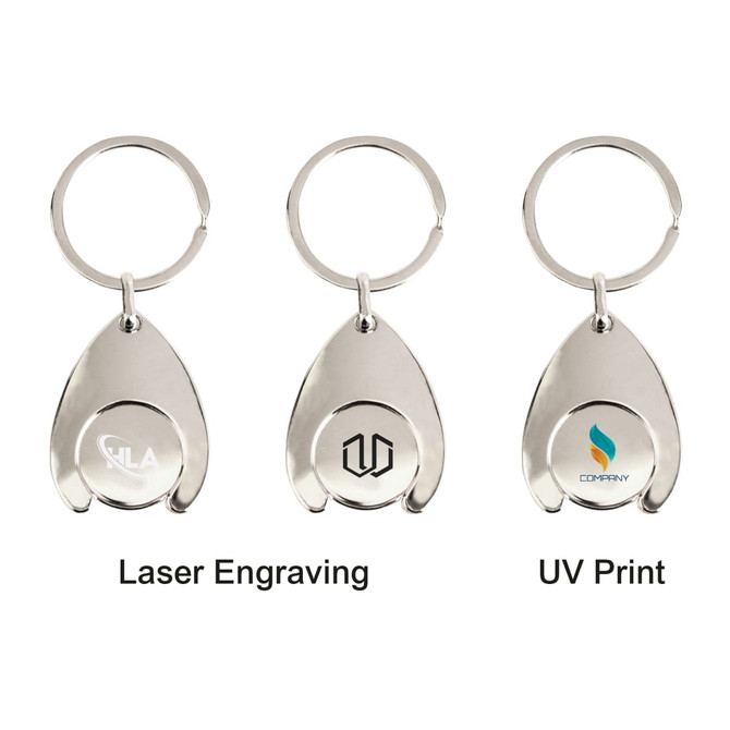 A silver teardrop keyring with a coin holder, featuring three different designs and a logo on each.