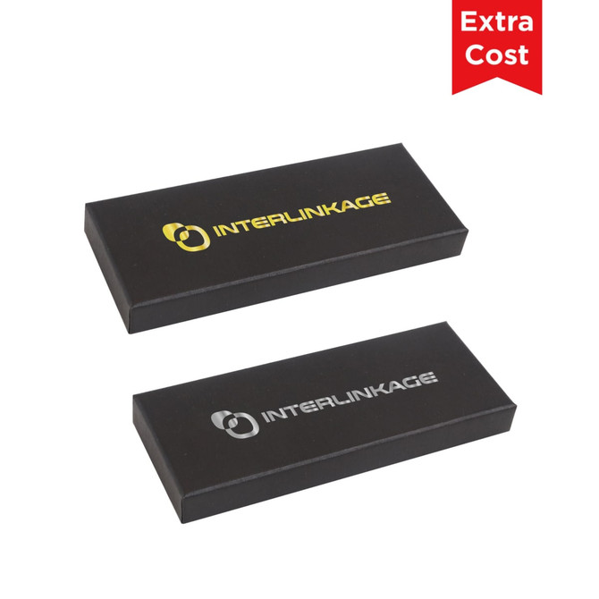 A black rectangular box with a logo, featuring a glossy finish and contrasting gold and silver details.