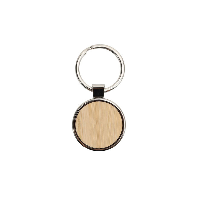 A round wooden keyring with a silver metal rim and keychain attachment, featuring a natural wood finish.