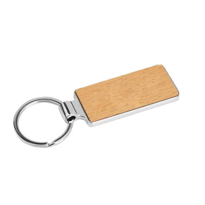 A rectangular wooden keyring with a metal keychain, featuring a natural wood finish and silver details.