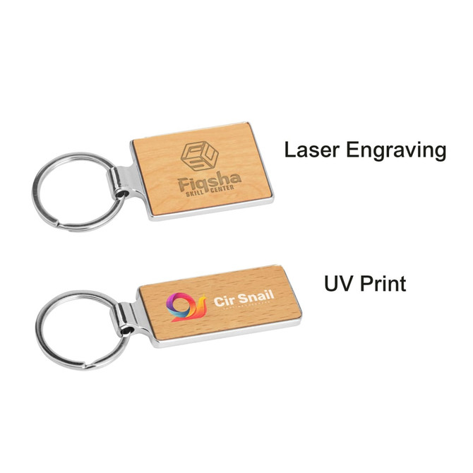 A wooden keyring with a rectangular wooden design and metal keychain, featuring laser engraving and UV print.