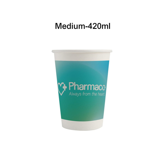 A medium-sized, 420ml compostable paper cup in white and teal, featuring a logo on the side.