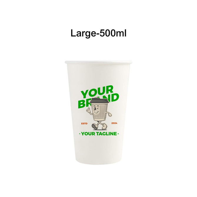 A large, white, compostable paper cup designed for beverages, featuring a logo and playful graphics.