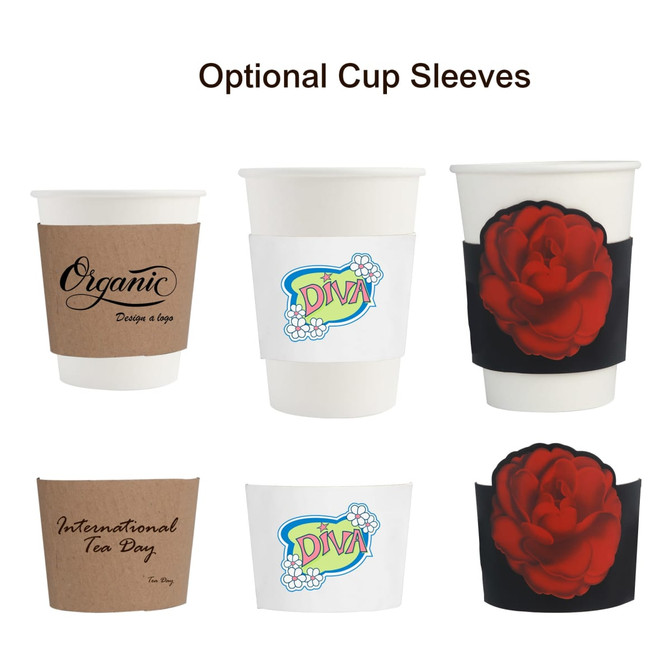 A set of compostable paper cups in white with various optional cup sleeves featuring designs and colours, including floral and text motifs.