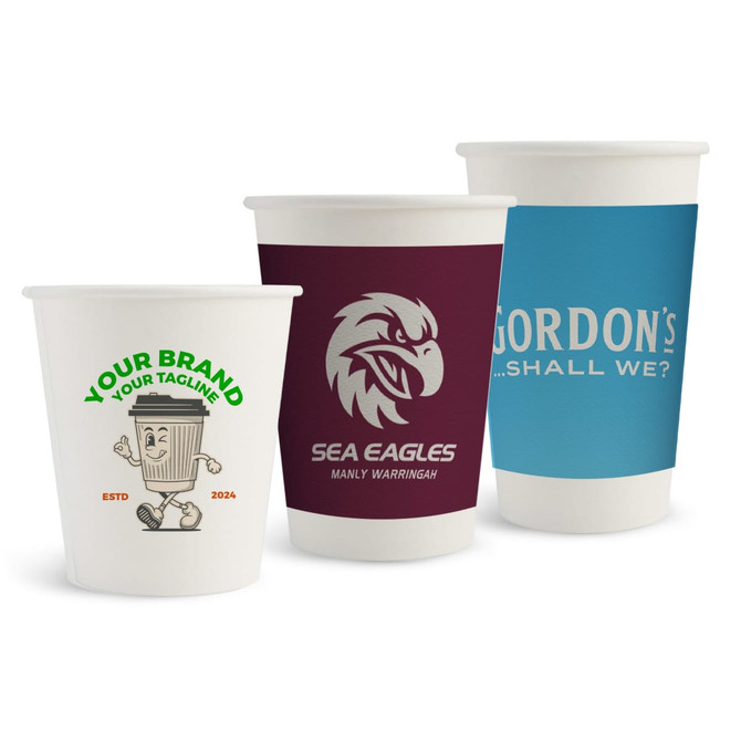 Three single wall paper cups in white, maroon, and blue, featuring various designs and logos.