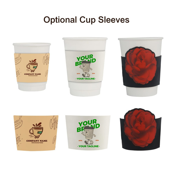 Three white paper cups with optional colourful sleeves in various designs, including floral and brand logos.