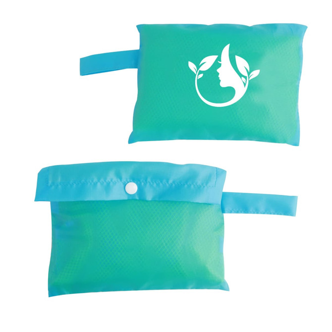 A green and blue mesh beach toy bag with a logo, featuring a zippered closure and a handle for easy carrying.