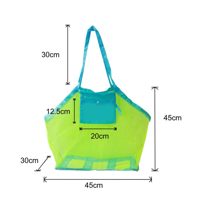 A mesh beach toy bag in bright yellow and aqua, featuring a pocket and adjustable straps, measuring 45cm by 30cm.