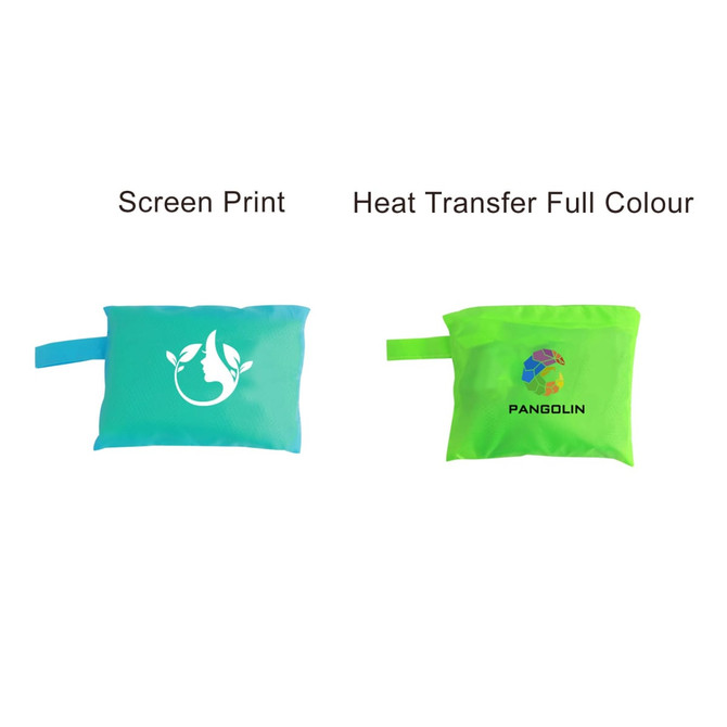 Two mesh beach toy bags in aqua and neon green, featuring different printing styles and a logo on each.